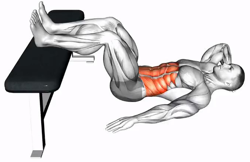 Crunch unilatéral avec les jambes posées sur un banc – Renforcement des abdominaux - Début