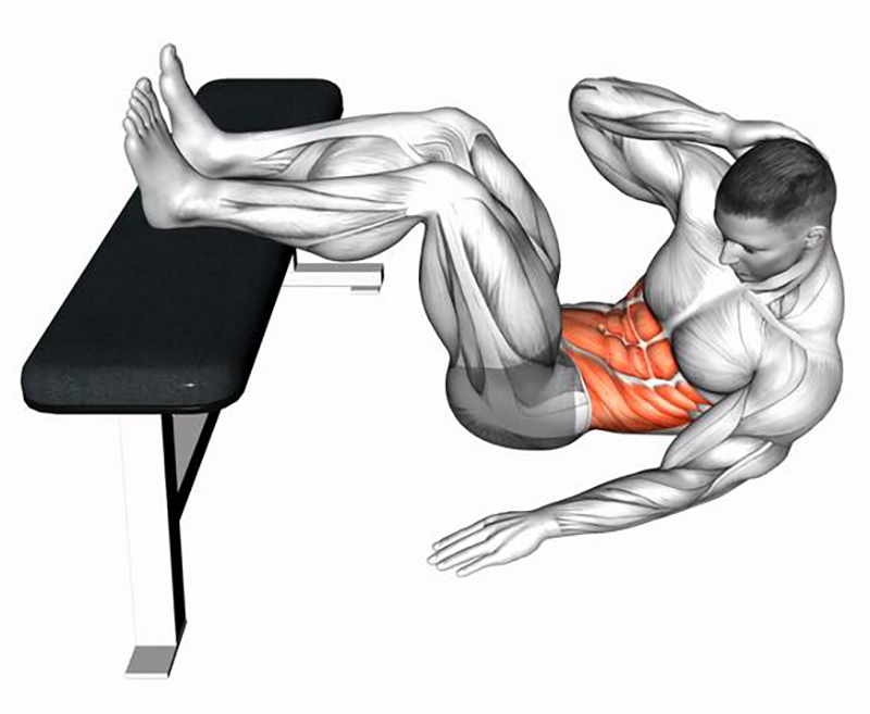 Crunch unilatéral avec les jambes posées sur un banc – Renforcement des abdominaux - Fin