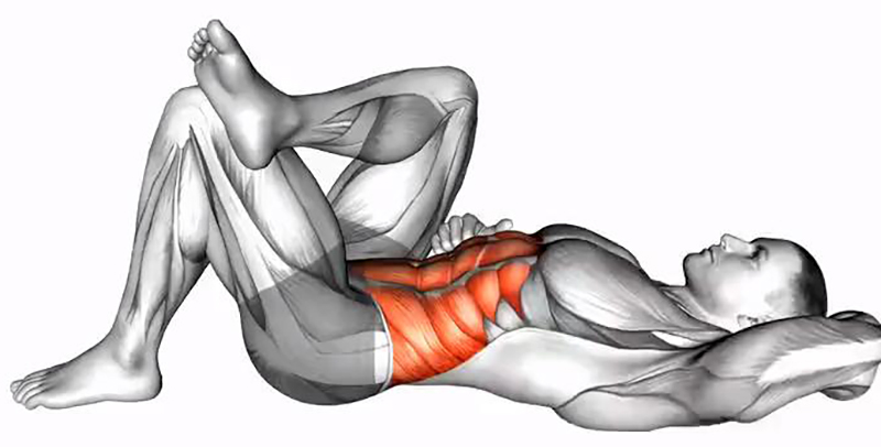 Crunch unilatéral au sol – Coude genou opposés sur jambe pliée: travail des abdominaux - Début