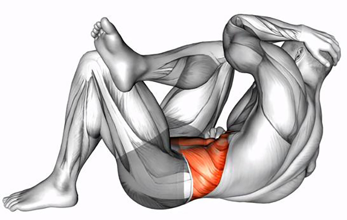 Crunch unilatéral au sol – Coude genou opposés sur jambe pliée: travail des abdominaux - Fin
