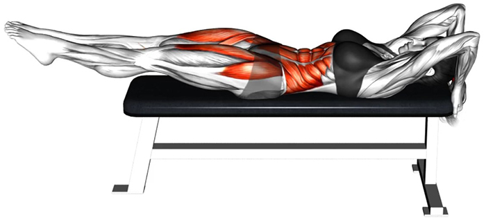 Relevé de jambes tendues avec décollement du bassin sur banc plat - Début