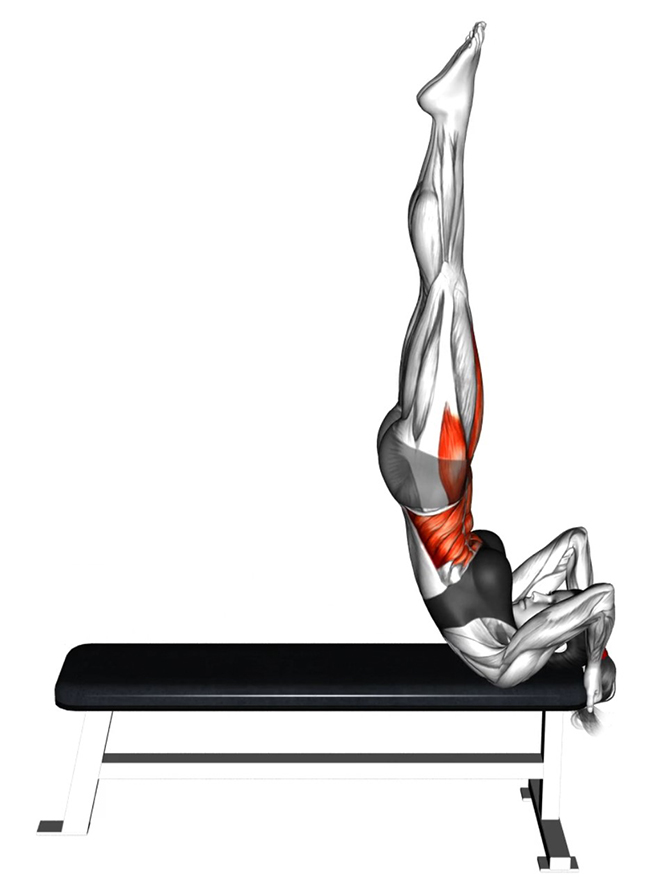 Relevé de jambes tendues avec décollement du bassin sur banc plat - Fin